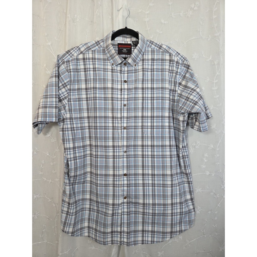 Architect Blue Gray Plaid Short Sleeve Button Shirt XLT